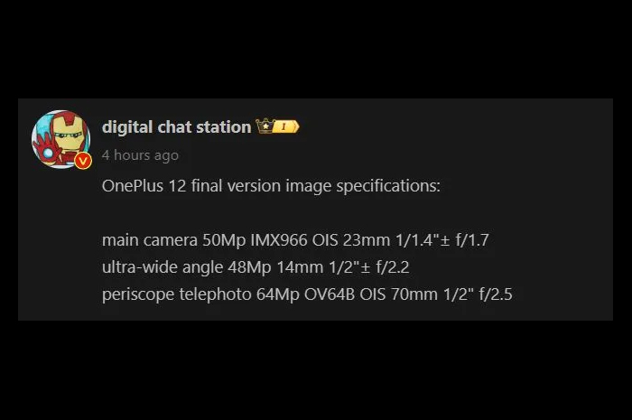 Bocoran spesifikasi kamera OnePlus 12 (Weibo)